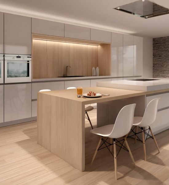 Cocina moderna con isla central, mobiliario a medida y acabados de alta calidad