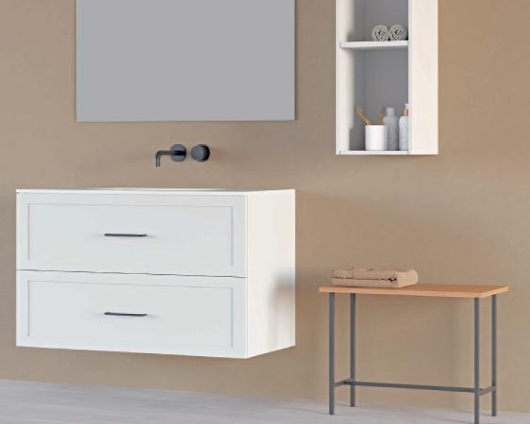 Mueble de baño blanco con espejo y columna auxiliar para vivienda moderna