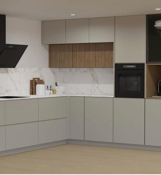 Cocina en L con mobiliario moderno y revestimiento tipo mármol